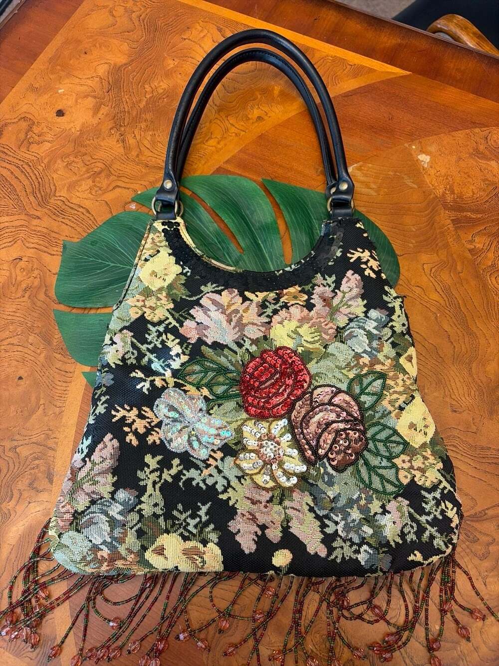 PREZZO Floral Tapestry Sequin Beaded Fringe Shoulder Bag